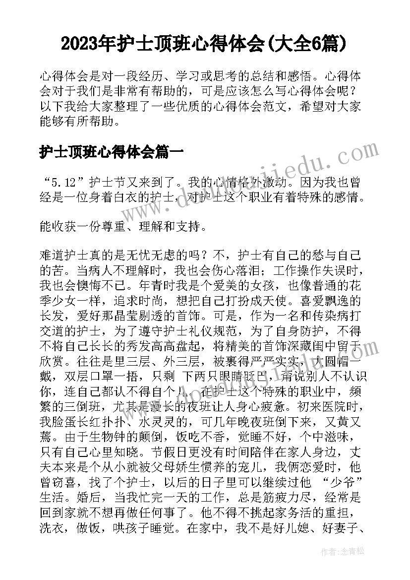 2023年护士顶班心得体会(大全6篇)