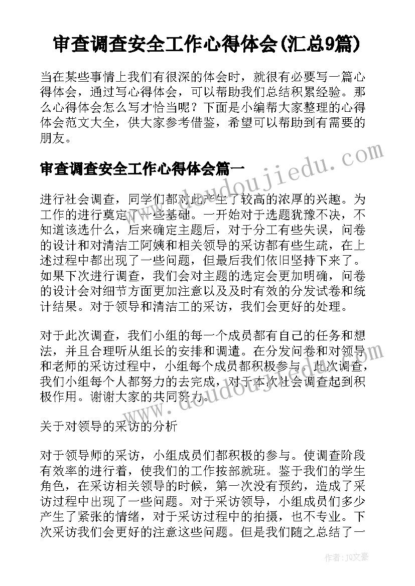 审查调查安全工作心得体会(汇总9篇)