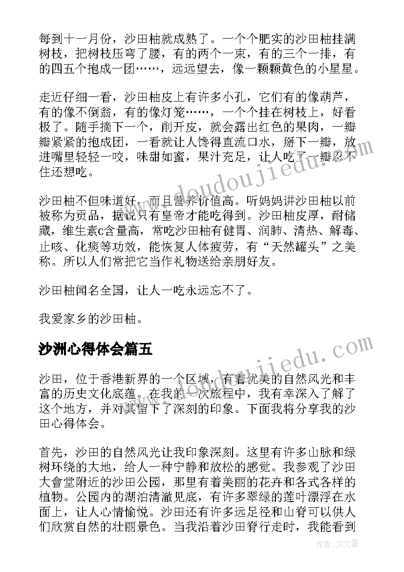 最新沙洲心得体会(模板10篇)