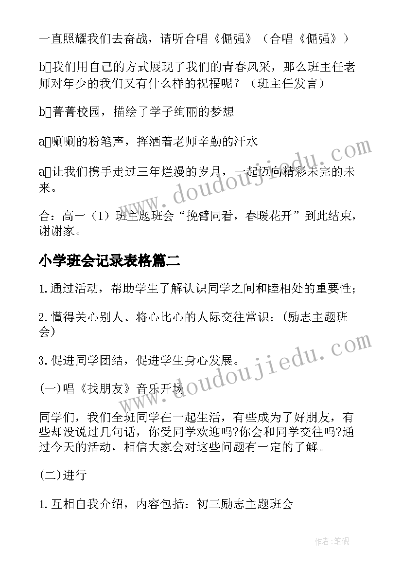 2023年小学班会记录表格 小学生班会主持稿(大全8篇)