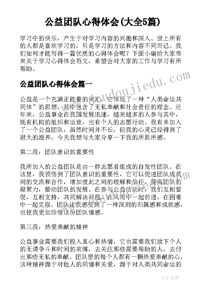 公益团队心得体会(大全5篇)