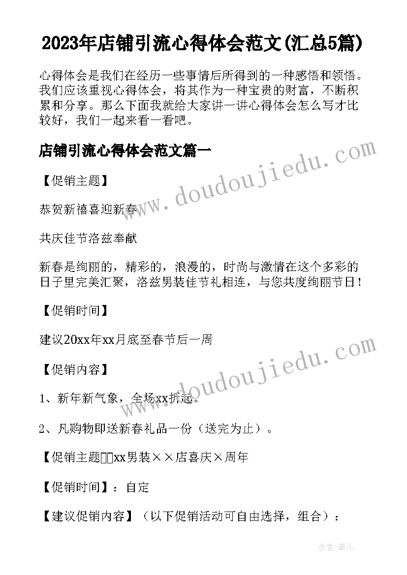 2023年店铺引流心得体会范文(汇总5篇)