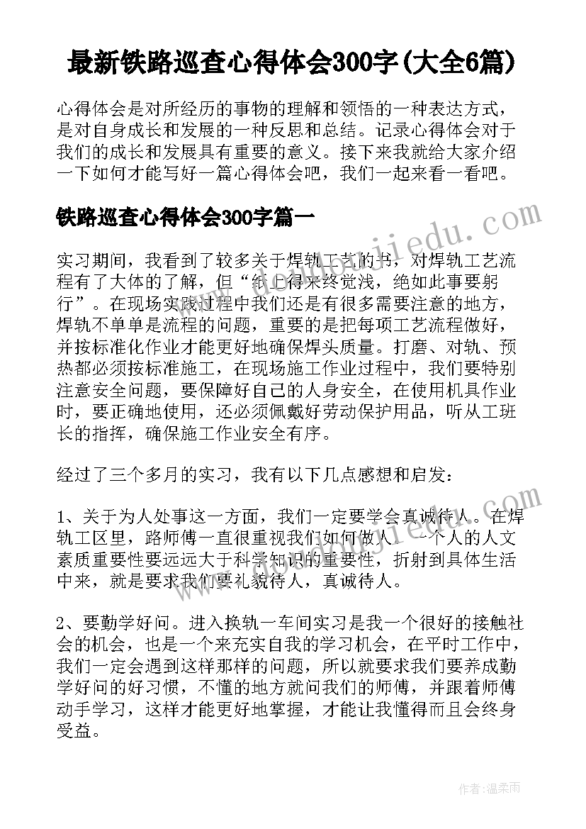 最新铁路巡查心得体会300字(大全6篇)