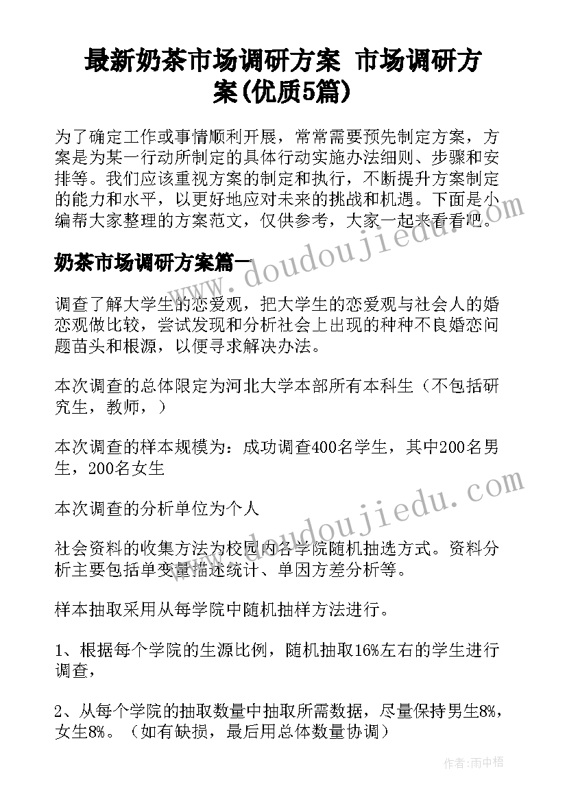 最新奶茶市场调研方案 市场调研方案(优质5篇)