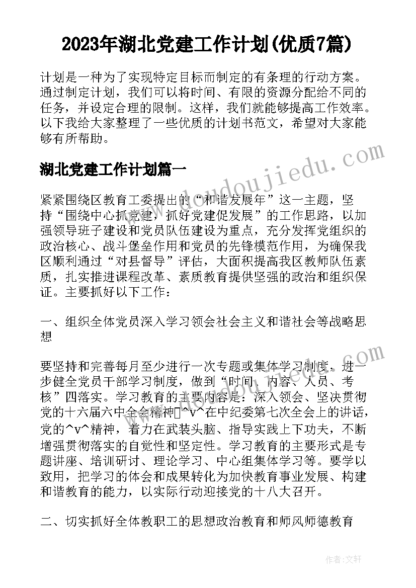 2023年湖北党建工作计划(优质7篇)