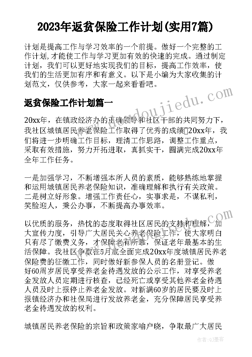 2023年返贫保险工作计划(实用7篇)