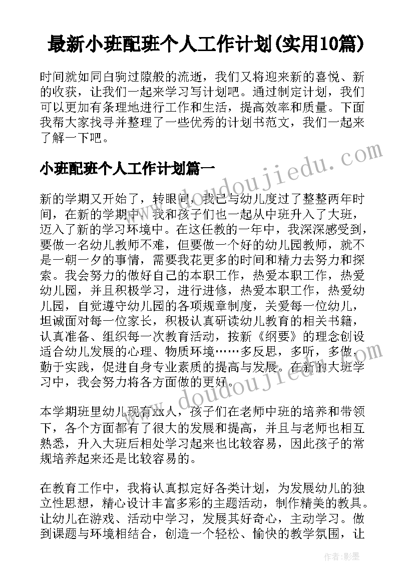 最新小班配班个人工作计划(实用10篇)