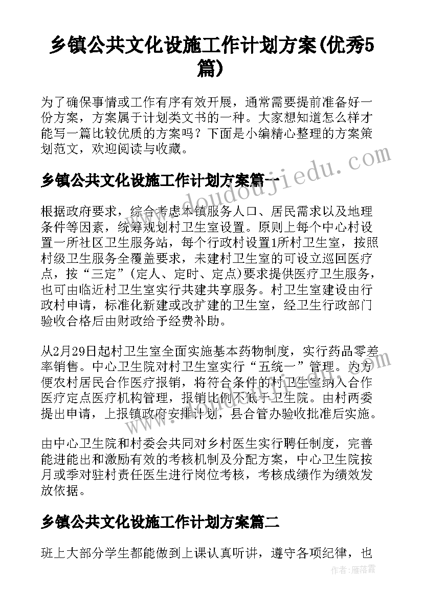 乡镇公共文化设施工作计划方案(优秀5篇)