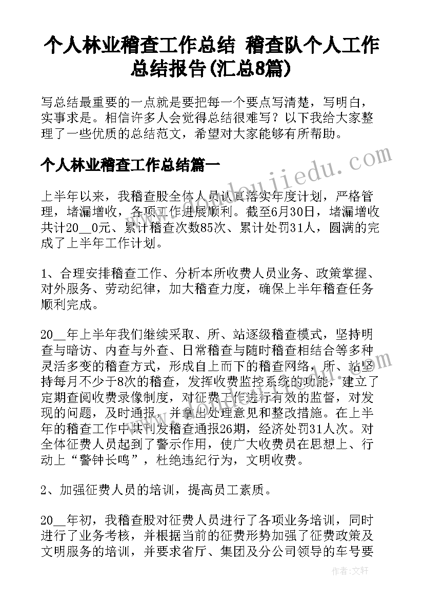 个人林业稽查工作总结 稽查队个人工作总结报告(汇总8篇)