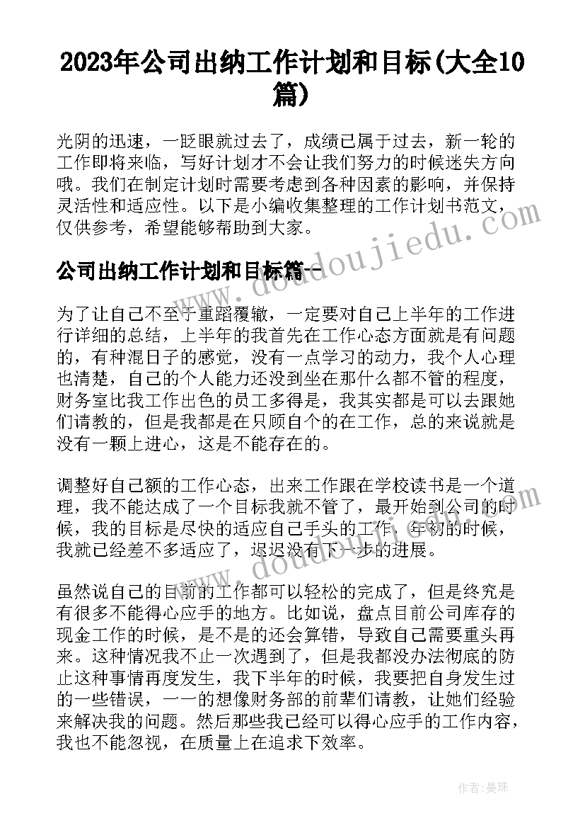 2023年公司出纳工作计划和目标(大全10篇)