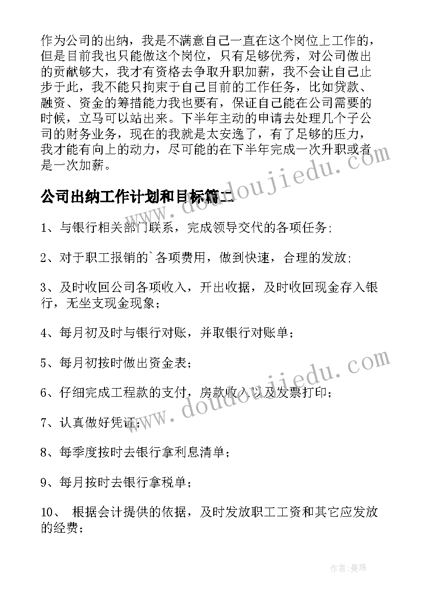 2023年公司出纳工作计划和目标(大全10篇)