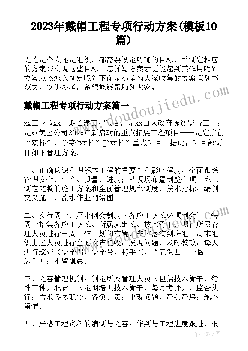 2023年戴帽工程专项行动方案(模板10篇)