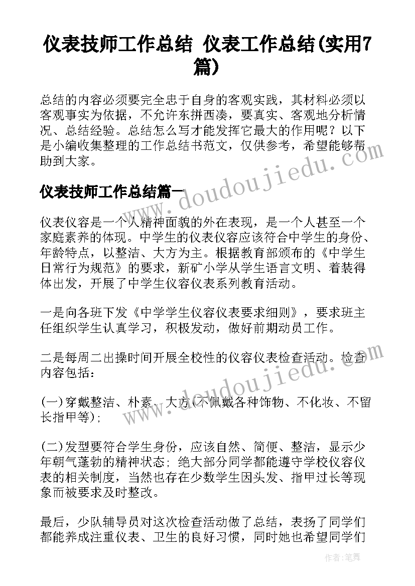 仪表技师工作总结 仪表工作总结(实用7篇)