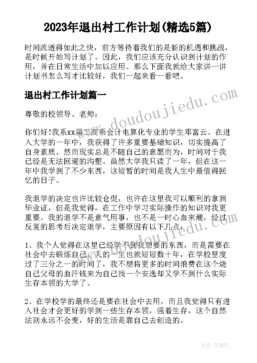 2023年退出村工作计划(精选5篇)