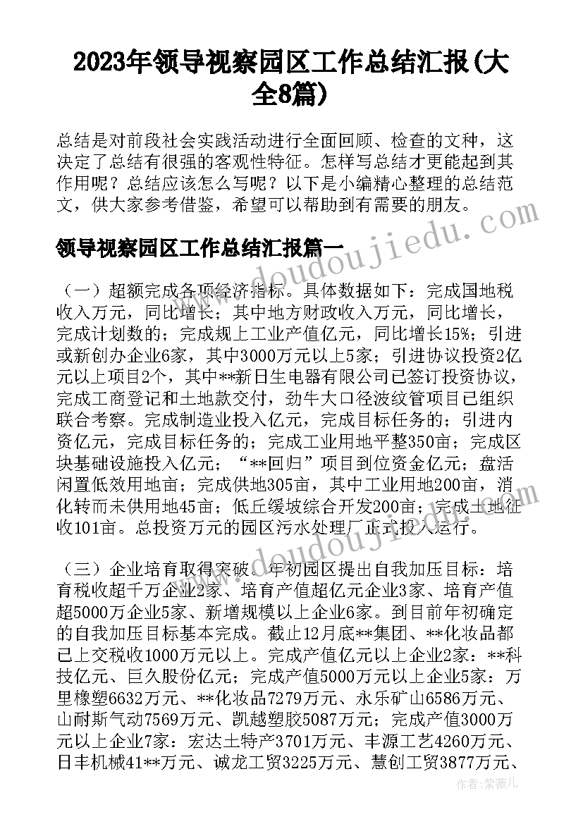 2023年领导视察园区工作总结汇报(大全8篇)