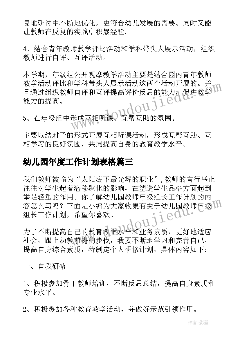 最新幼儿园年度工作计划表格 幼儿园年级组长下学期工作计划(优质8篇)