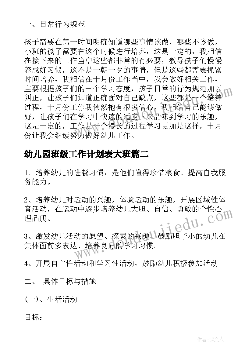 最新幼儿园班级工作计划表大班 幼儿园班级月工作计划表(优秀10篇)