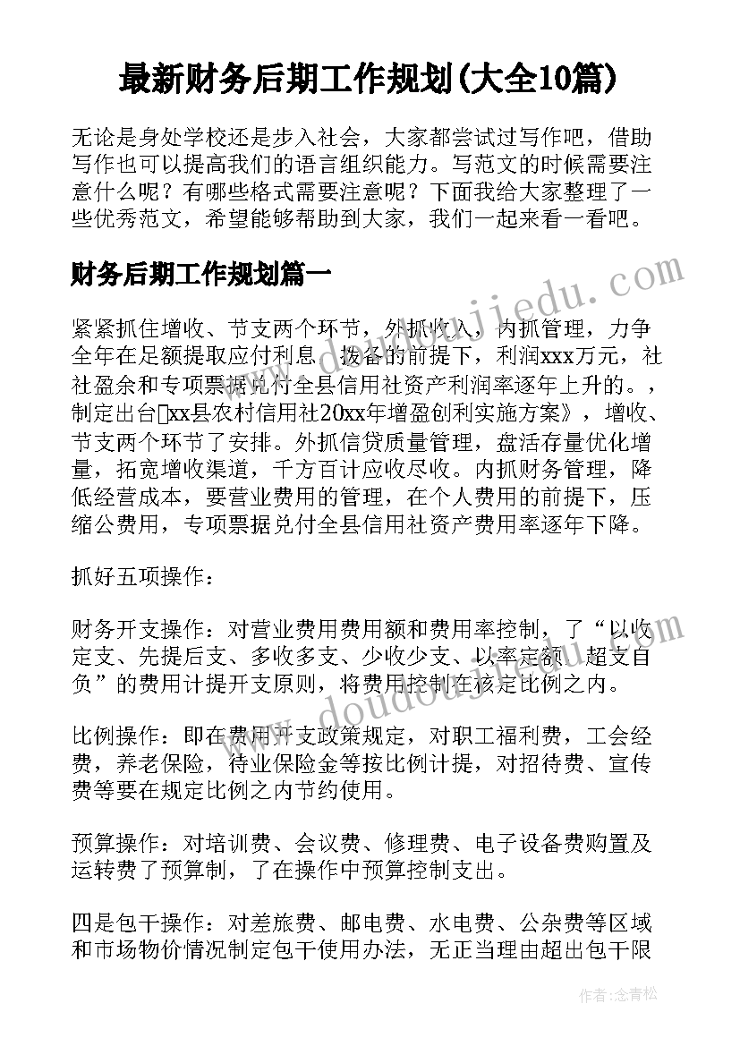 最新财务后期工作规划(大全10篇)