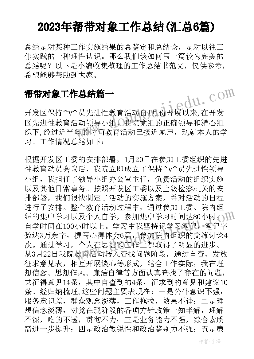 2023年帮带对象工作总结(汇总6篇)