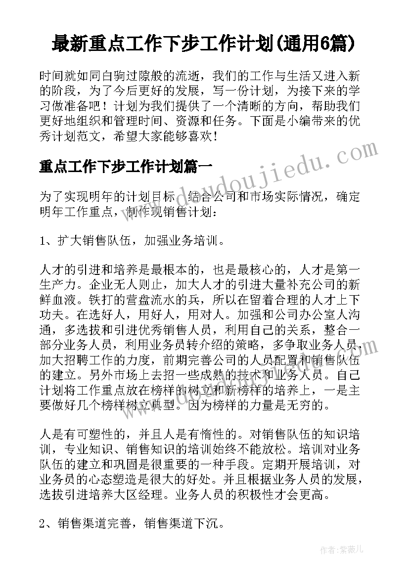 最新重点工作下步工作计划(通用6篇)