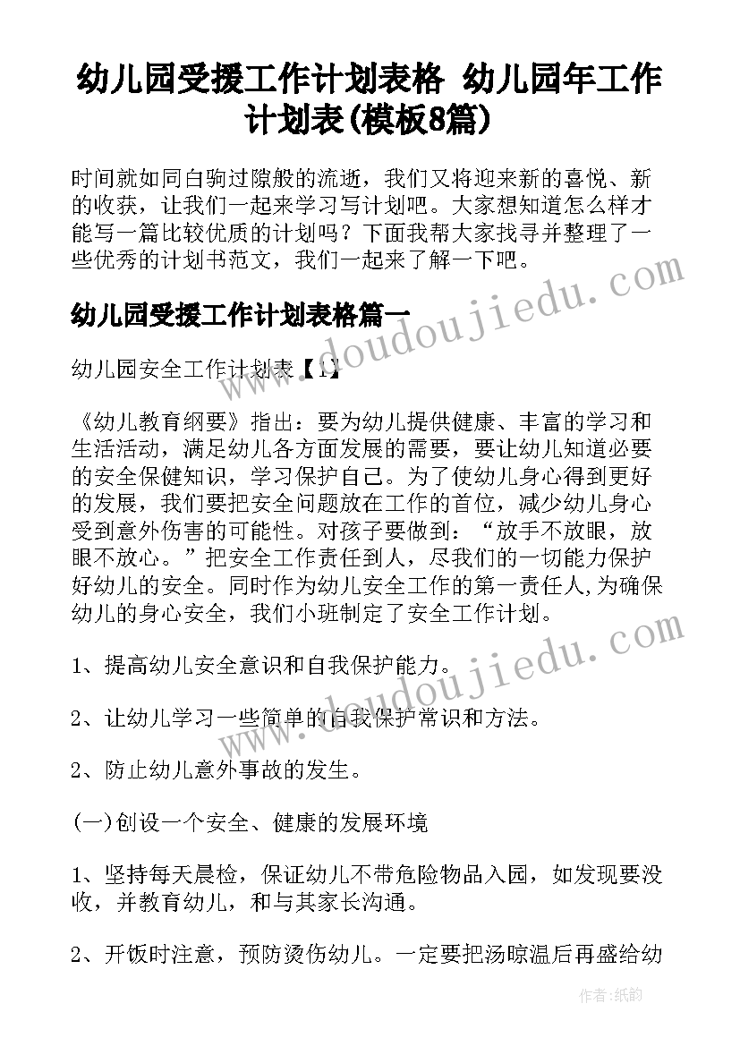 幼儿园受援工作计划表格 幼儿园年工作计划表(模板8篇)