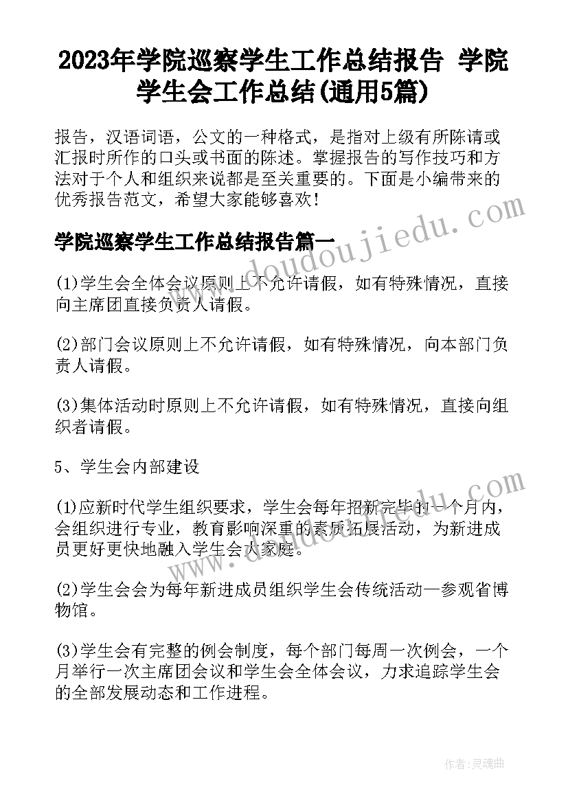 2023年学院巡察学生工作总结报告 学院学生会工作总结(通用5篇)