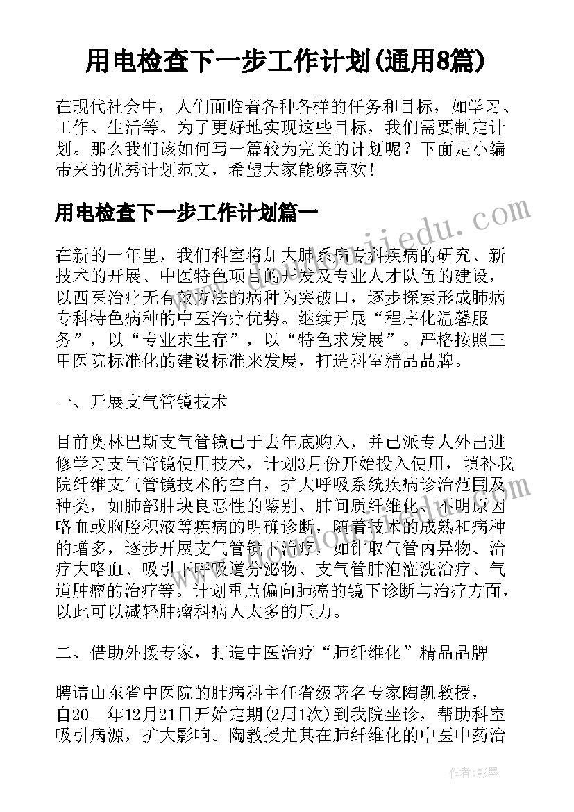 用电检查下一步工作计划(通用8篇)