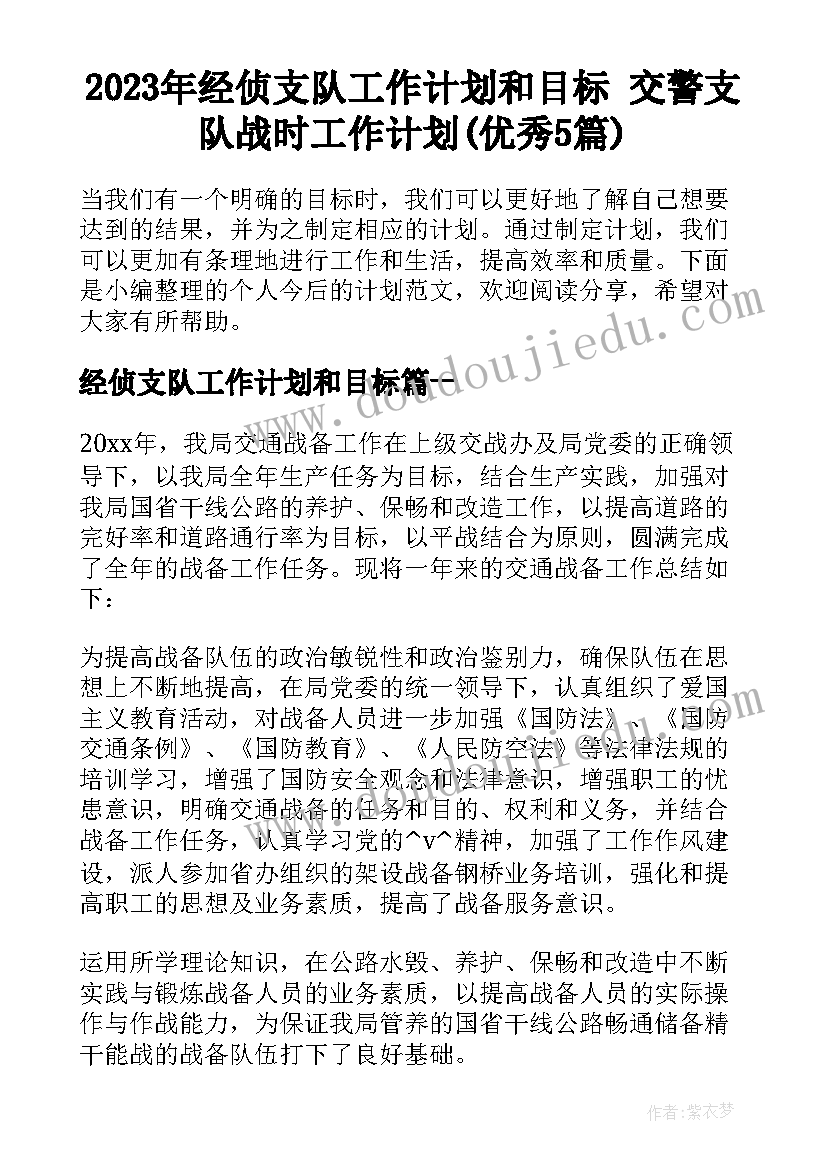 2023年经侦支队工作计划和目标 交警支队战时工作计划(优秀5篇)