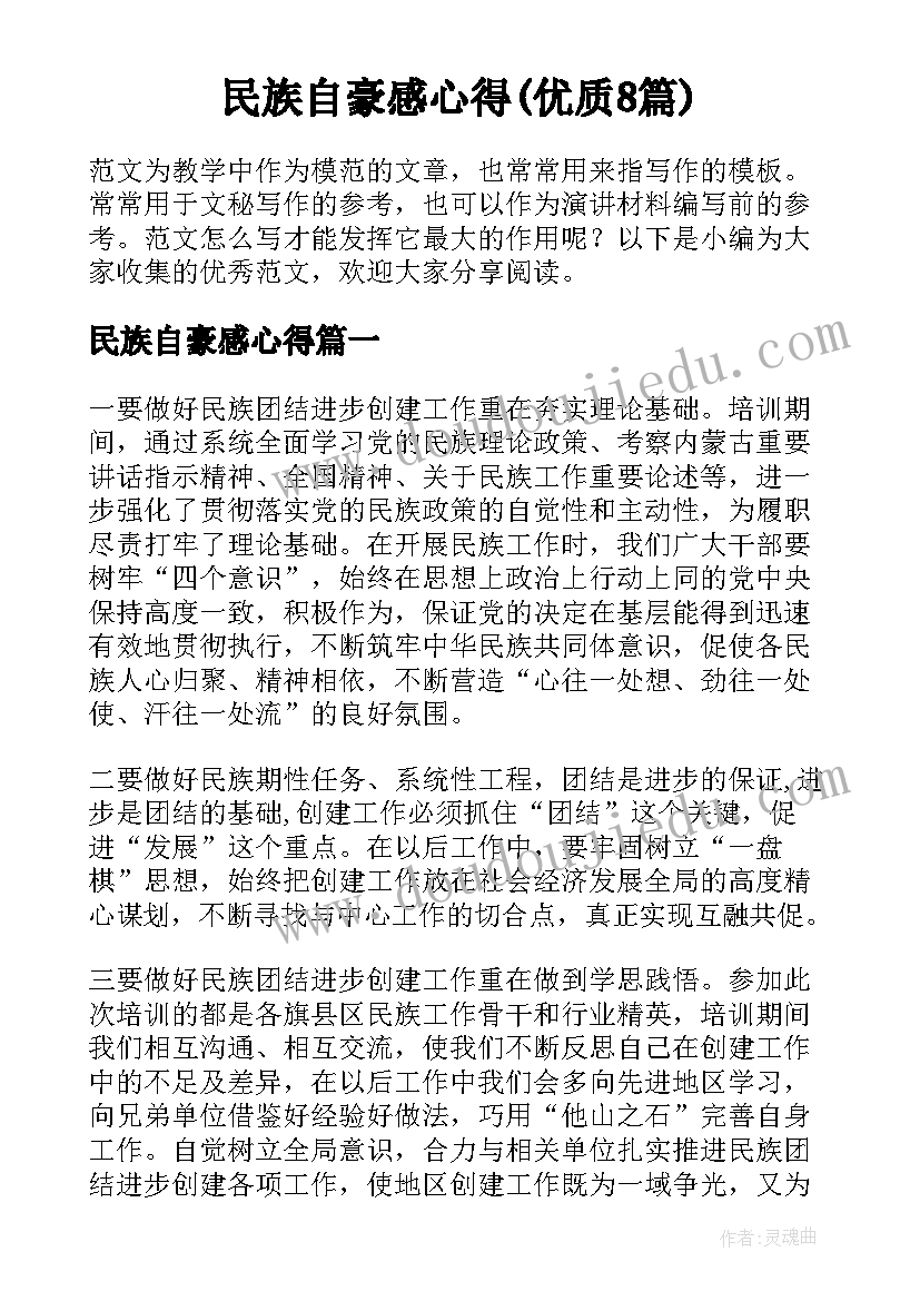 民族自豪感心得(优质8篇)