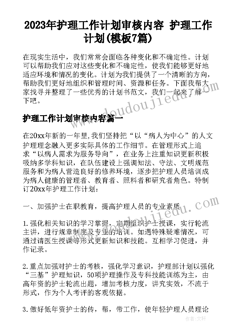 2023年护理工作计划审核内容 护理工作计划(模板7篇)