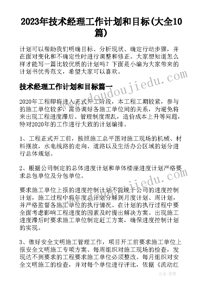 2023年技术经理工作计划和目标(大全10篇)