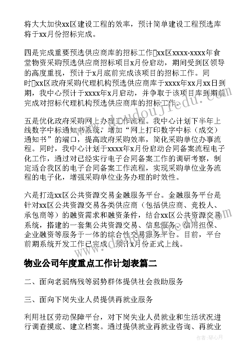 最新物业公司年度重点工作计划表 下半年重点工作计划(通用8篇)