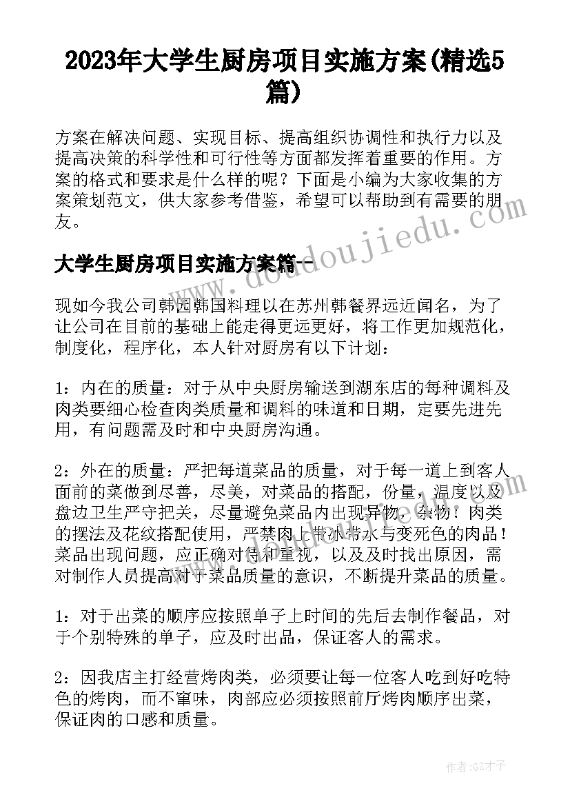 2023年大学生厨房项目实施方案(精选5篇)