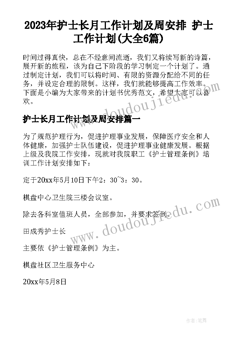 2023年护士长月工作计划及周安排 护士工作计划(大全6篇)