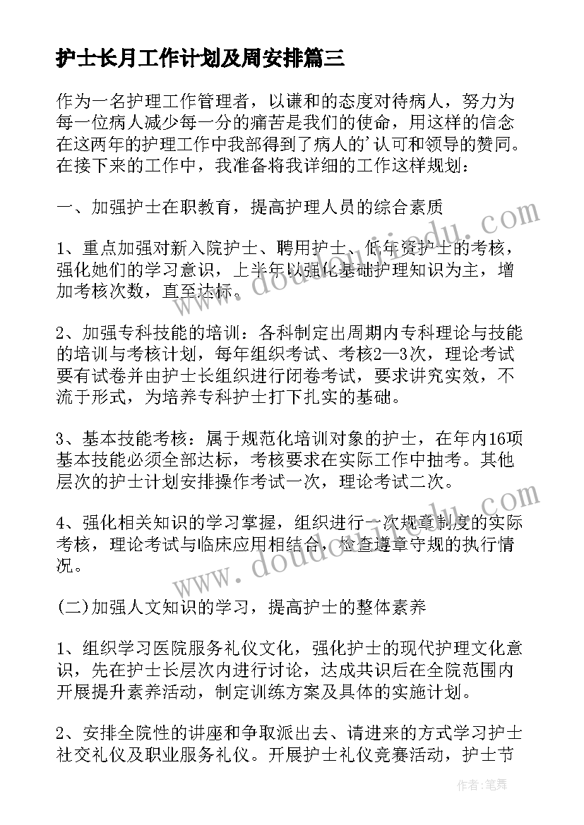 2023年护士长月工作计划及周安排 护士工作计划(大全6篇)