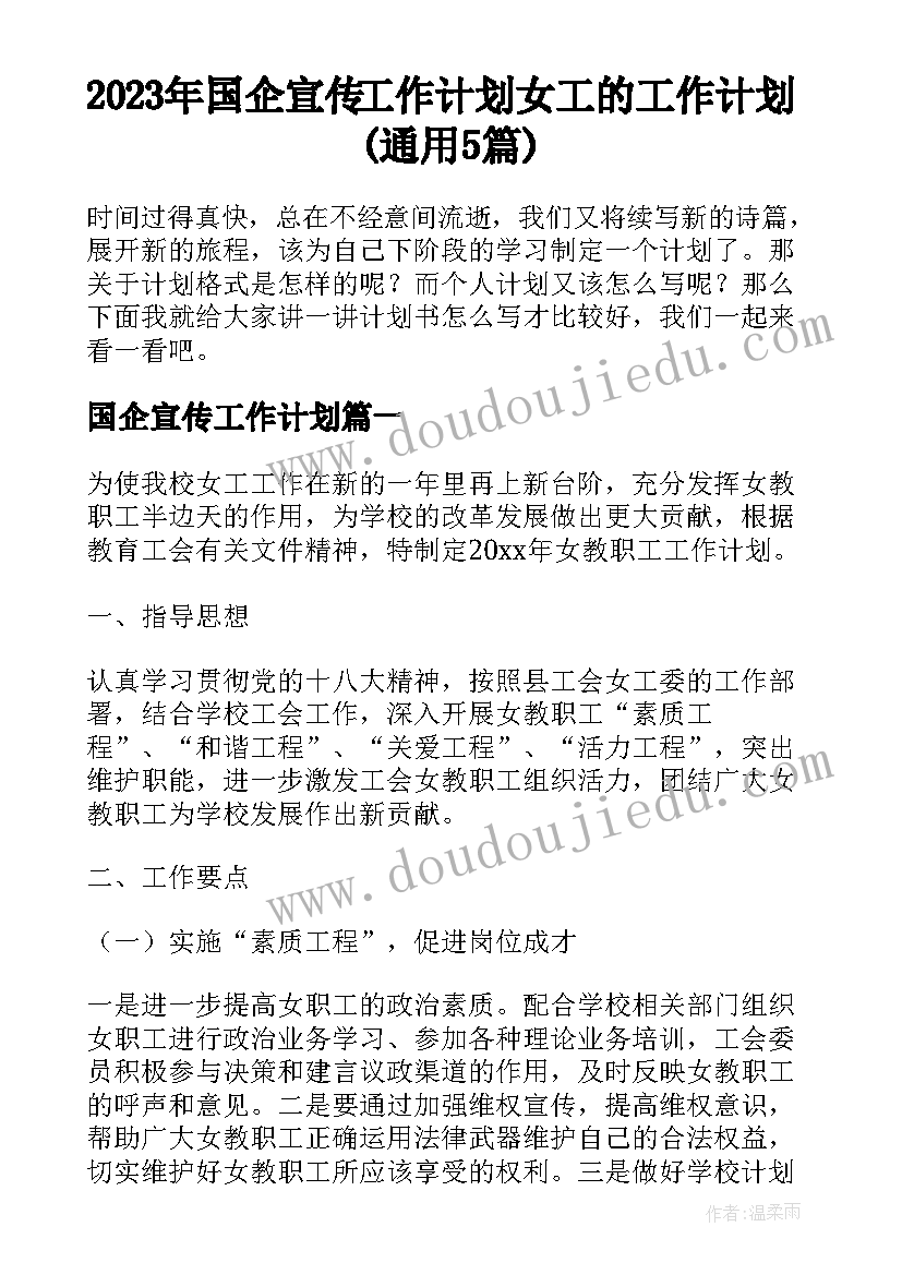 2023年国企宣传工作计划 女工的工作计划(通用5篇)