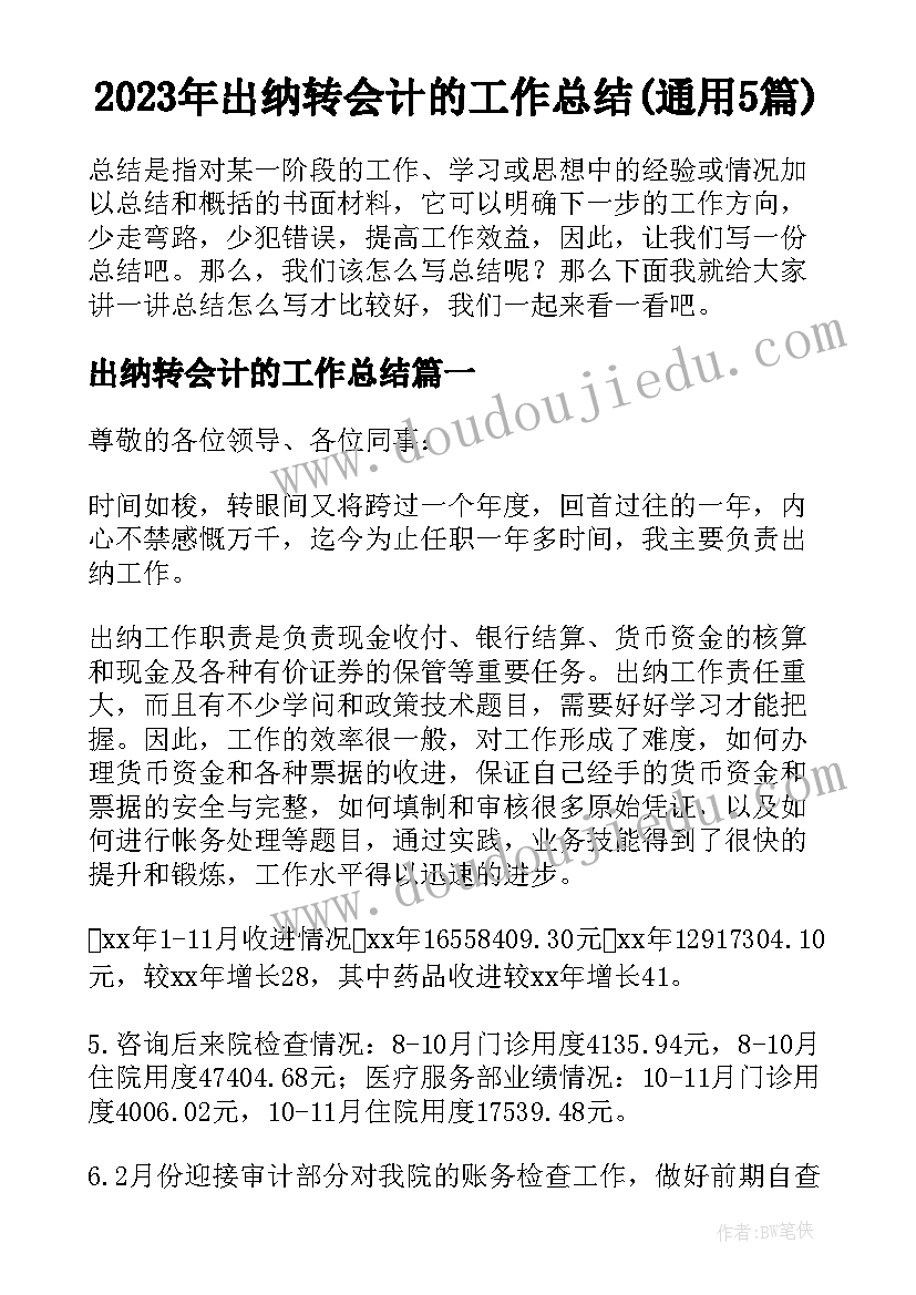 2023年出纳转会计的工作总结(通用5篇)