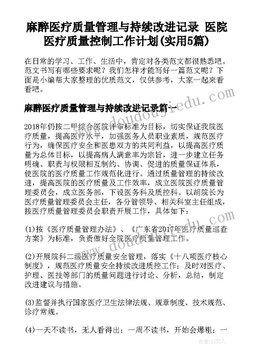 麻醉医疗质量管理与持续改进记录 医院医疗质量控制工作计划(实用5篇)