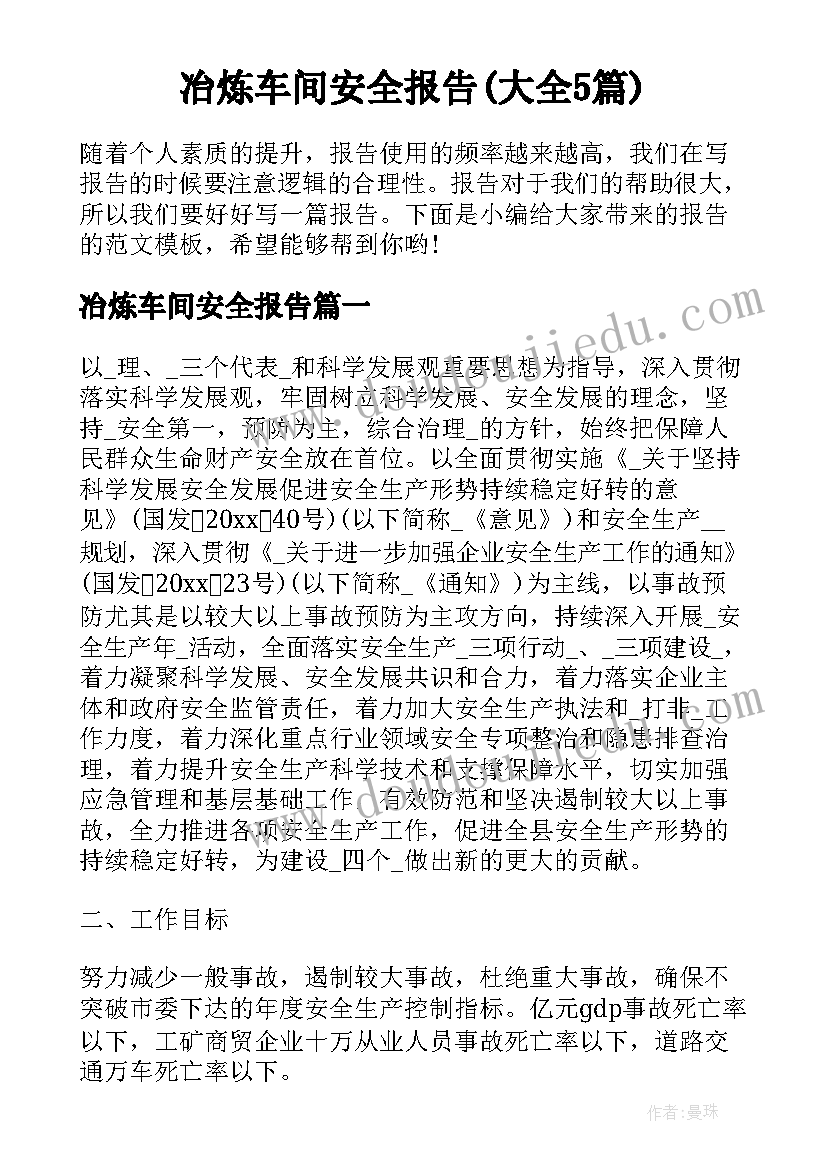 冶炼车间安全报告(大全5篇)