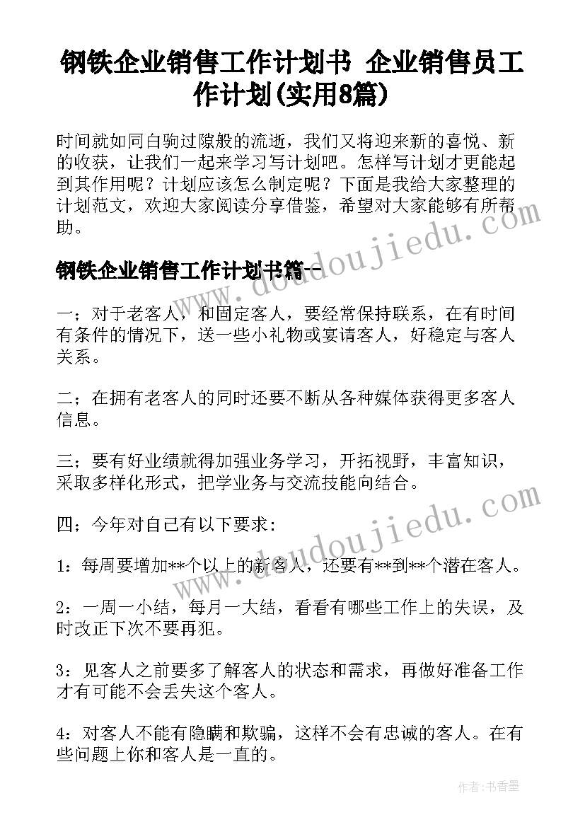 钢铁企业销售工作计划书 企业销售员工作计划(实用8篇)