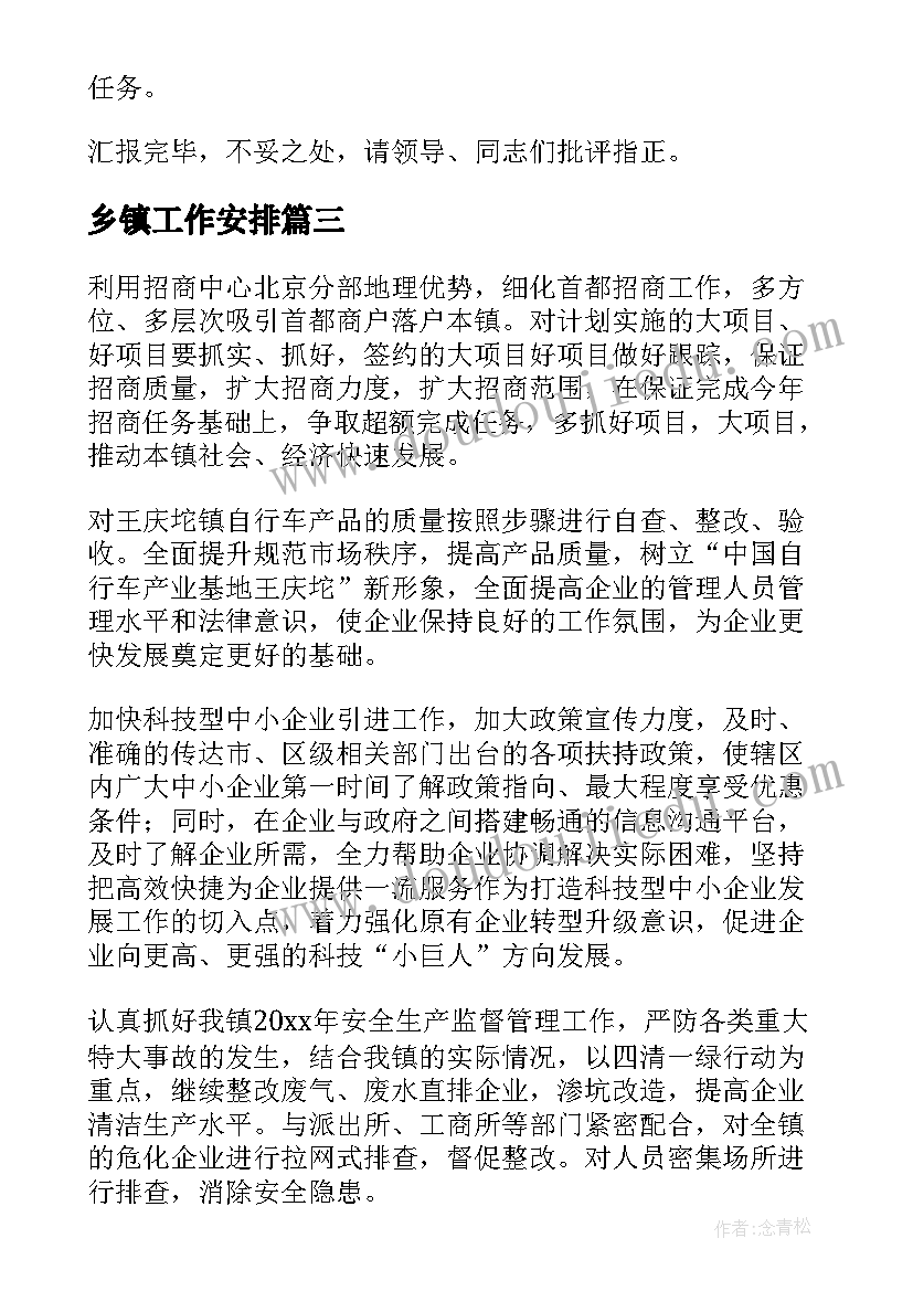 乡镇工作安排 乡镇工作计划(大全5篇)