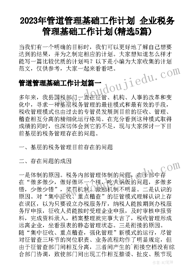 2023年管道管理基础工作计划 企业税务管理基础工作计划(精选5篇)