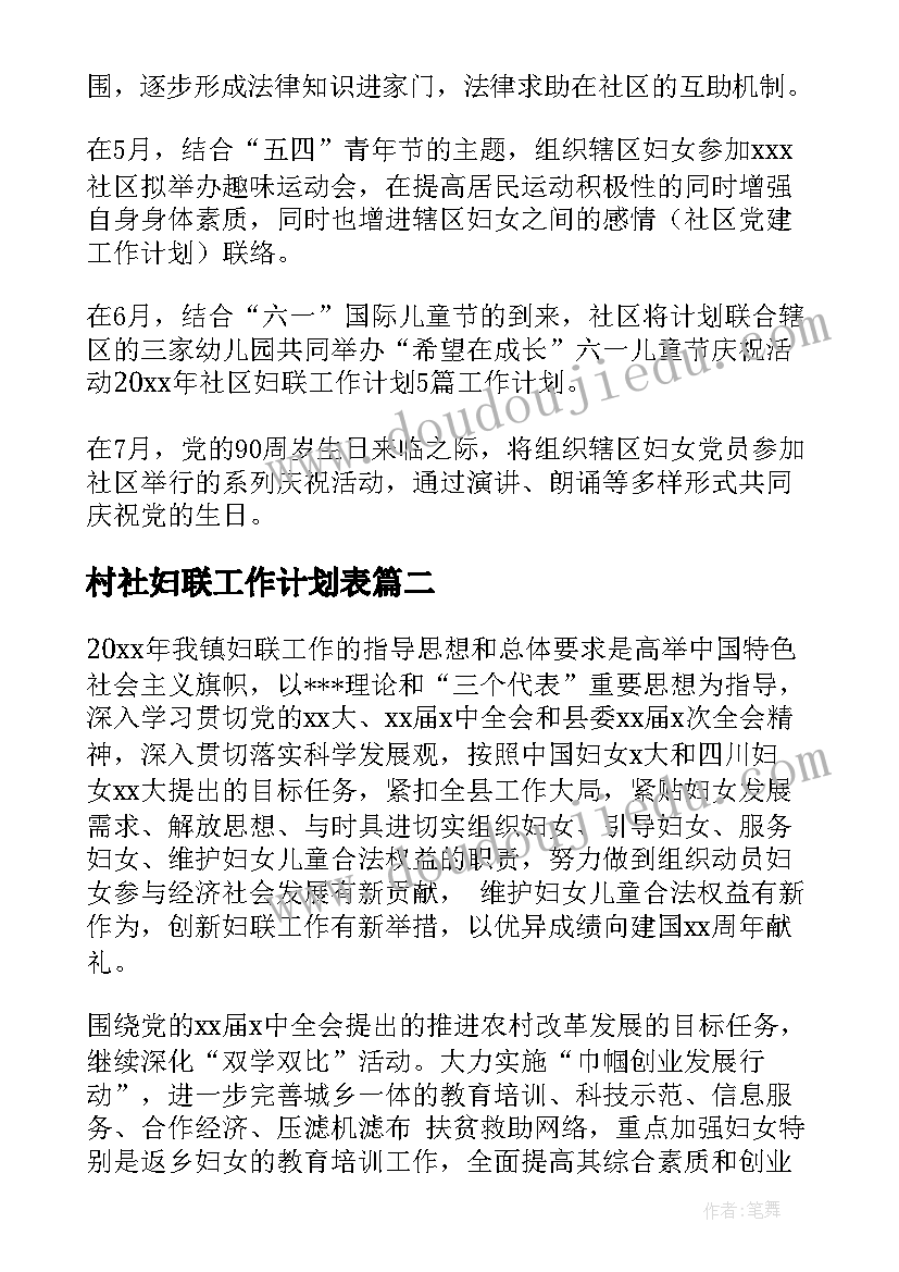 最新村社妇联工作计划表 妇联工作计划(实用5篇)