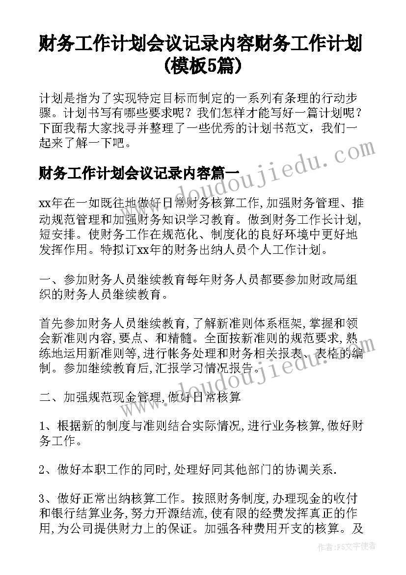 财务工作计划会议记录内容 财务工作计划(模板5篇)