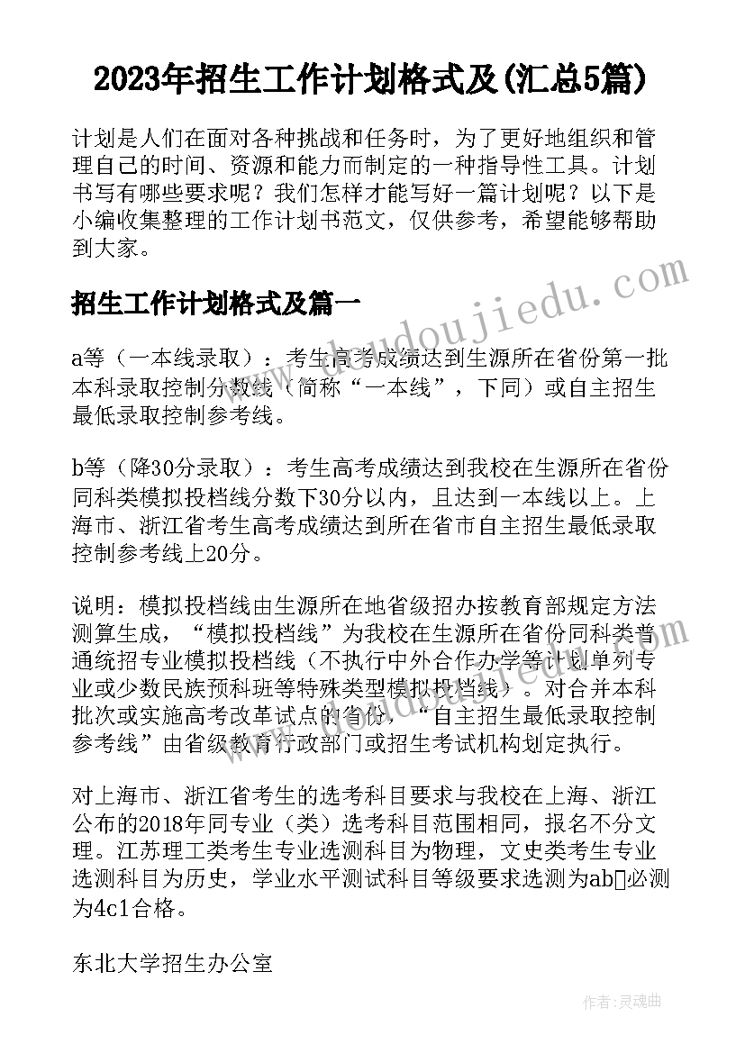 2023年招生工作计划格式及(汇总5篇)