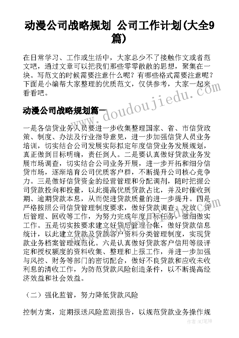 动漫公司战略规划 公司工作计划(大全9篇)