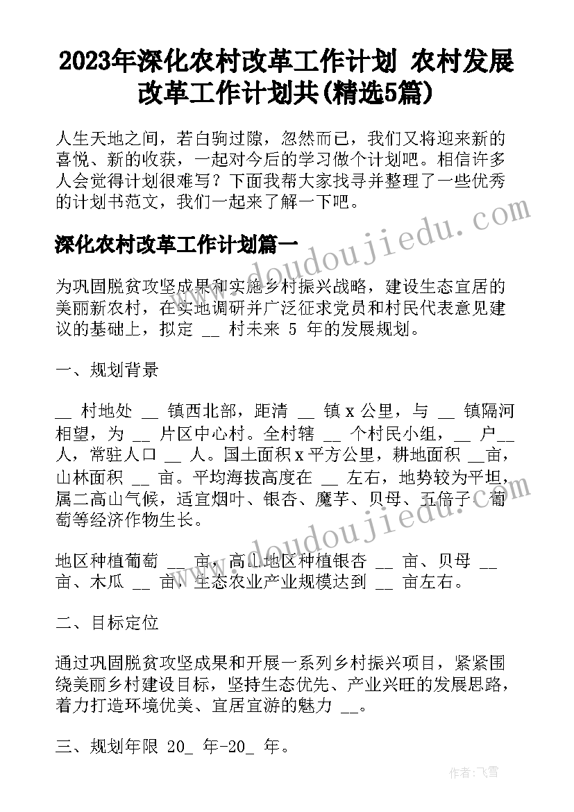 2023年深化农村改革工作计划 农村发展改革工作计划共(精选5篇)