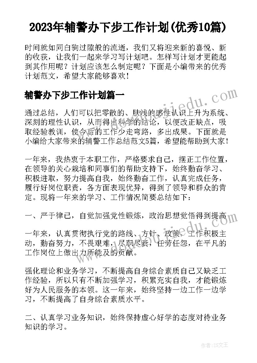 2023年辅警办下步工作计划(优秀10篇)