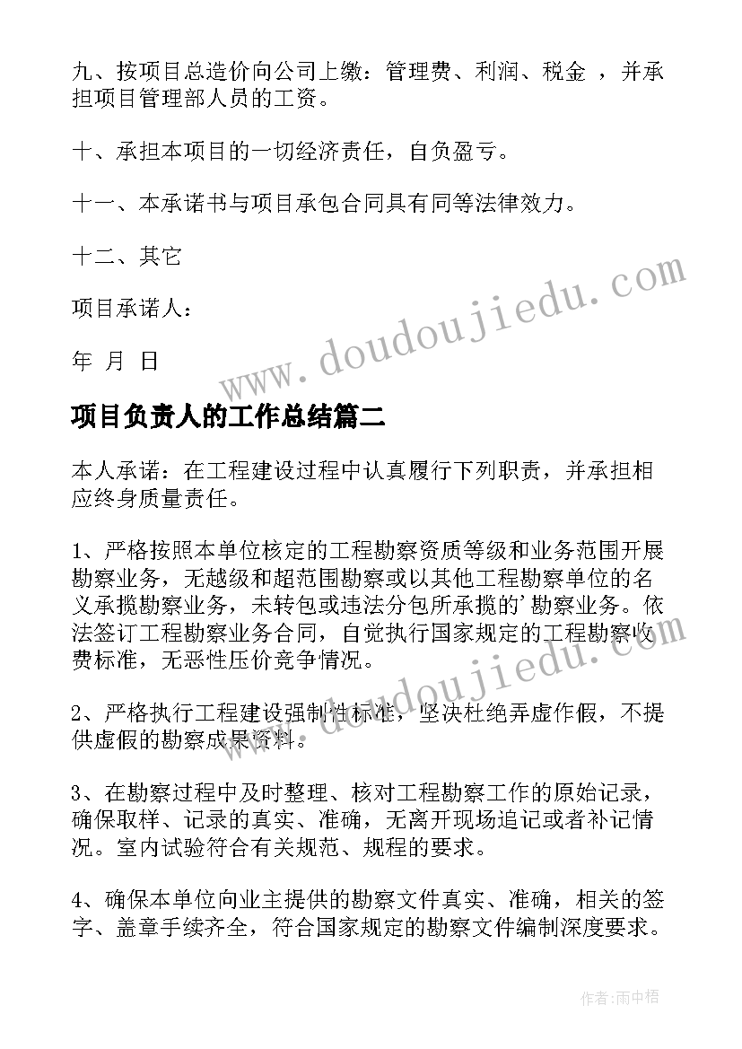 最新项目负责人的工作总结 项目负责人承诺书(实用8篇)