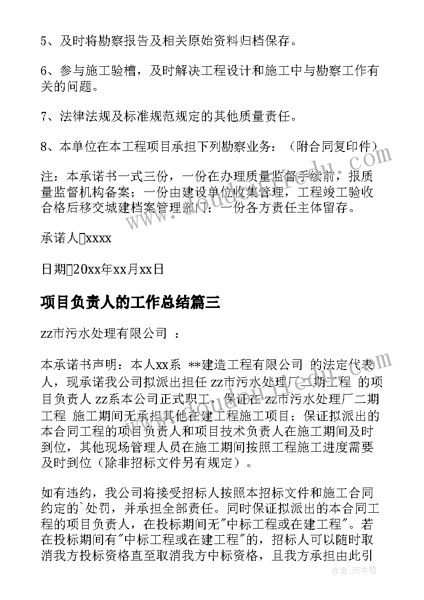 最新项目负责人的工作总结 项目负责人承诺书(实用8篇)